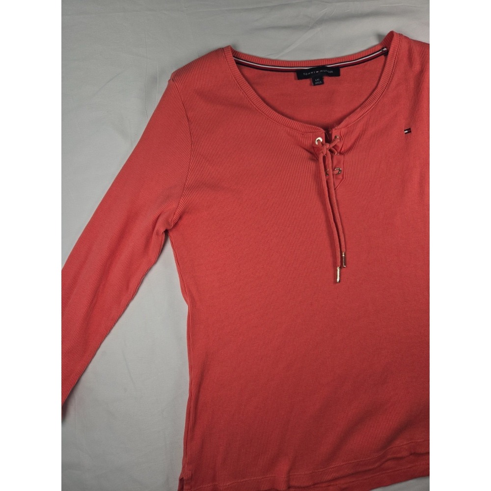 Tommy Hilfiger Global Lace Up Ribbed Henley Top Sz L Coral 3/4 Sleeve - Picture 4 of 14